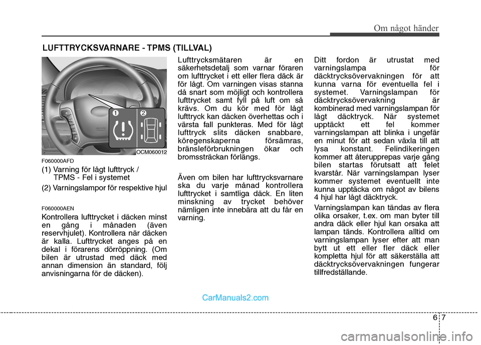 Hyundai Santa Fe 2010  Ägarmanual (in Swedish) 67
Om något händer
LUFTTRYCKSVARNARE - TPMS (TILLVAL)
F060000AFD 
(1) Varning för lågt lufttryck /  TPMS - Fel i systemet
(2) Varningslampor för respektive hjul  F060000AEN 
Kontrollera lufttryck