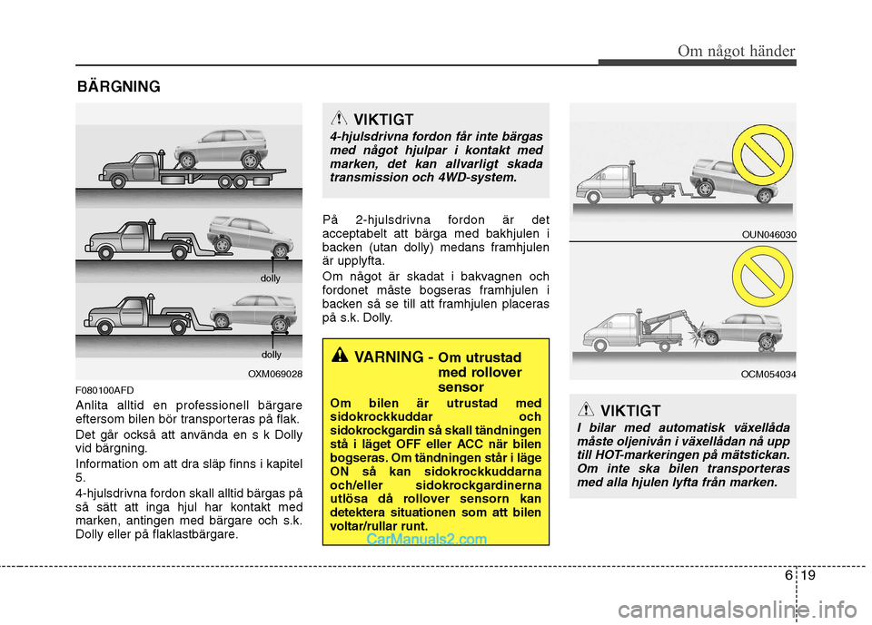 Hyundai Santa Fe 2010 Ägarmanual (in Swedish) 619
Om något händer
BÄRGNING
F080100AFD
Anlita alltid en professionell bärgare
eftersom bilen bör transporteras på flak.
Det går också att använda en s k Dolly vid bärgning.
Information Hyundai Santa Fe 2010 Ägarmanual (in Swedish) 619
Om något händer
BÄRGNING
F080100AFD
Anlita alltid en professionell bärgare
eftersom bilen bör transporteras på flak.
Det går också att använda en s k Dolly vid bärgning.
Information