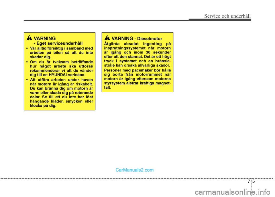 Hyundai Santa Fe 2010  Ägarmanual (in Swedish) 75
Service och underhåll 
VARNING 
- Eget serviceunderhåll
 Var alltid försiktig i samband med arbeten på bilen så att du inte skadar dig.
 Om du är tveksam beträffande hur något arbete ska ut