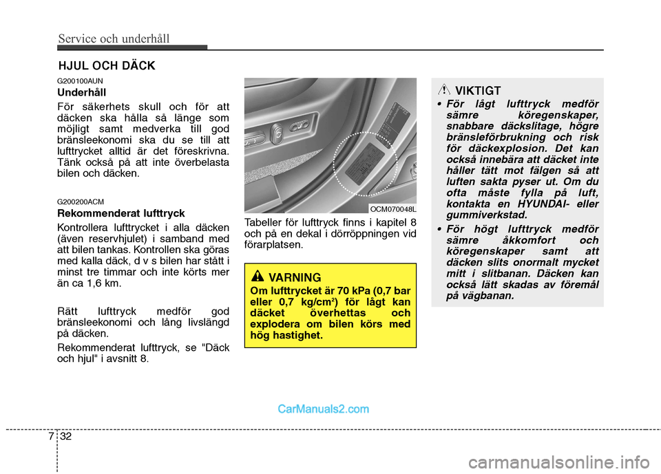 Hyundai Santa Fe 2010 Ägarmanual (in Swedish) Service och underhåll
32
7
HJUL OCH DÄCK
G200100AUN Underhåll
För säkerhets skull och för att
däcken ska hålla så länge som
möjligt samt medverka till god
bränsleekonomi ska du se till Hyundai Santa Fe 2010 Ägarmanual (in Swedish) Service och underhåll
32
7
HJUL OCH DÄCK
G200100AUN Underhåll
För säkerhets skull och för att
däcken ska hålla så länge som
möjligt samt medverka till god
bränsleekonomi ska du se till