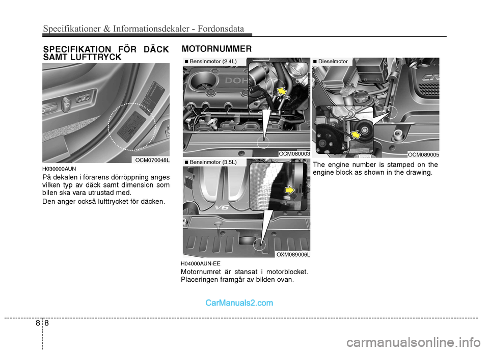 Hyundai Santa Fe 2010 Ägarmanual (in Swedish) H030000AUN
På dekalen i förarens dörröppning anges
vilken typ av däck samt dimension som
bilen ska vara utrustad med.
Den anger också lufttrycket för däcken.H04000AUN-EE
Motornumret är sta Hyundai Santa Fe 2010 Ägarmanual (in Swedish) H030000AUN
På dekalen i förarens dörröppning anges
vilken typ av däck samt dimension som
bilen ska vara utrustad med.
Den anger också lufttrycket för däcken.H04000AUN-EE
Motornumret är sta