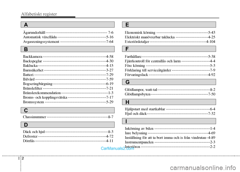Hyundai Santa Fe 2010  Ägarmanual (in Swedish) Alfabetiskt register 
2
I
Ägarunderhåll ································································ 7-6 
Automatisk växellåda �