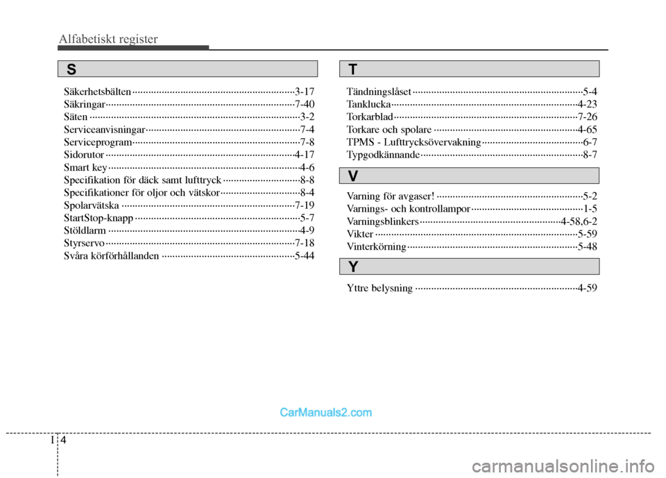 Hyundai Santa Fe 2010  Ägarmanual (in Swedish) Alfabetiskt register 
4
I
Säkerhetsbälten ·····························································3-17 
Säkringar·········