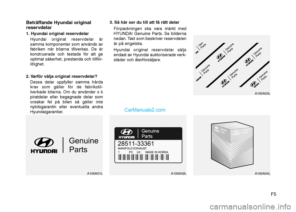 Hyundai Santa Fe 2010  Ägarmanual (in Swedish) F5
Beträffande Hyundai original 
reservdelar 
1. Hyundai original reservdelar
Hyundai original reservdelar är 
samma komponenter som används av
fabriken när bilarna tillverkas. De är
konstruerade