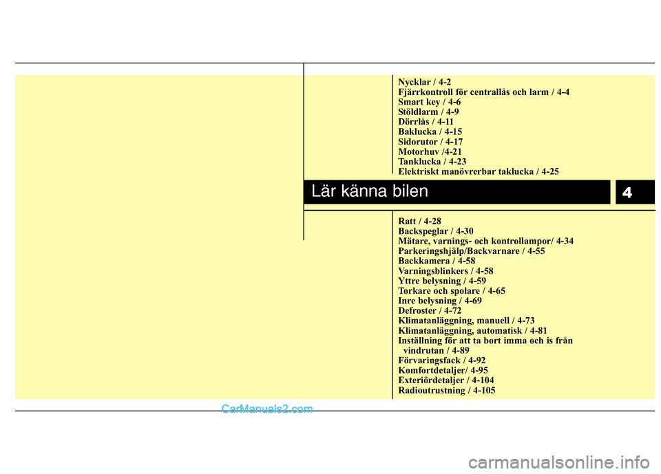 Hyundai Santa Fe 2010  Ägarmanual (in Swedish) 4
Nycklar / 4-2 
Fjärrkontroll för centrallås och larm / 4-4
Smart key / 4-6
Stöldlarm / 4-9
Dörrlås / 4-11
Baklucka / 4-15
Sidorutor / 4-17
Motorhuv /4-21
Tanklucka / 4-23
Elektriskt manövrerb