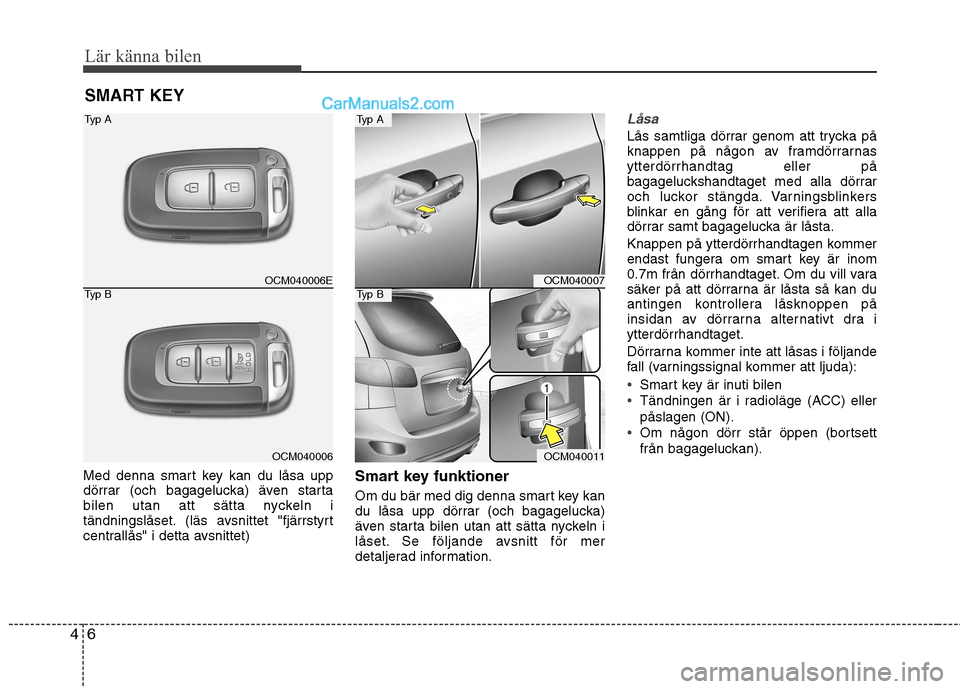 Hyundai Santa Fe 2010 Ägarmanual (in Swedish) Lär känna bilen
6
4
Med denna smart key kan du låsa upp
dörrar (och bagagelucka) även starta
bilen utan att sätta nyckeln i
tändningslåset. (läs avsnittet "fjärrstyrt
centrallås" i detta a Hyundai Santa Fe 2010 Ägarmanual (in Swedish) Lär känna bilen
6
4
Med denna smart key kan du låsa upp
dörrar (och bagagelucka) även starta
bilen utan att sätta nyckeln i
tändningslåset. (läs avsnittet "fjärrstyrt
centrallås" i detta a
