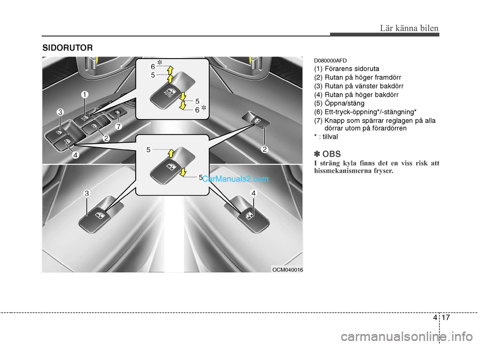 Hyundai Santa Fe 2010 Ägarmanual (in Swedish) 417
Lär känna bilen
D080000AFD
(1) Förarens sidoruta
(2) Rutan på höger framdörr(3) Rutan på vänster bakdörr(4) Rutan på höger bakdörr(5) Öppna/stäng
(6) Ett-tryck-öppning*/-stängning Hyundai Santa Fe 2010 Ägarmanual (in Swedish) 417
Lär känna bilen
D080000AFD
(1) Förarens sidoruta
(2) Rutan på höger framdörr(3) Rutan på vänster bakdörr(4) Rutan på höger bakdörr(5) Öppna/stäng
(6) Ett-tryck-öppning*/-stängning