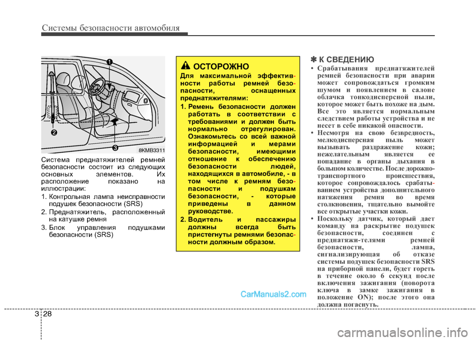 Hyundai Santa Fe 2010 Инструкция по эксплуатации (in Russian) Системы безопасности автомобиля
28 3
Система преднатяжителей ремней
безопасности состоит из следующих
основ Hyundai Santa Fe 2010 Инструкция по эксплуатации (in Russian) Системы безопасности автомобиля
28 3
Система преднатяжителей ремней
безопасности состоит из следующих
основ