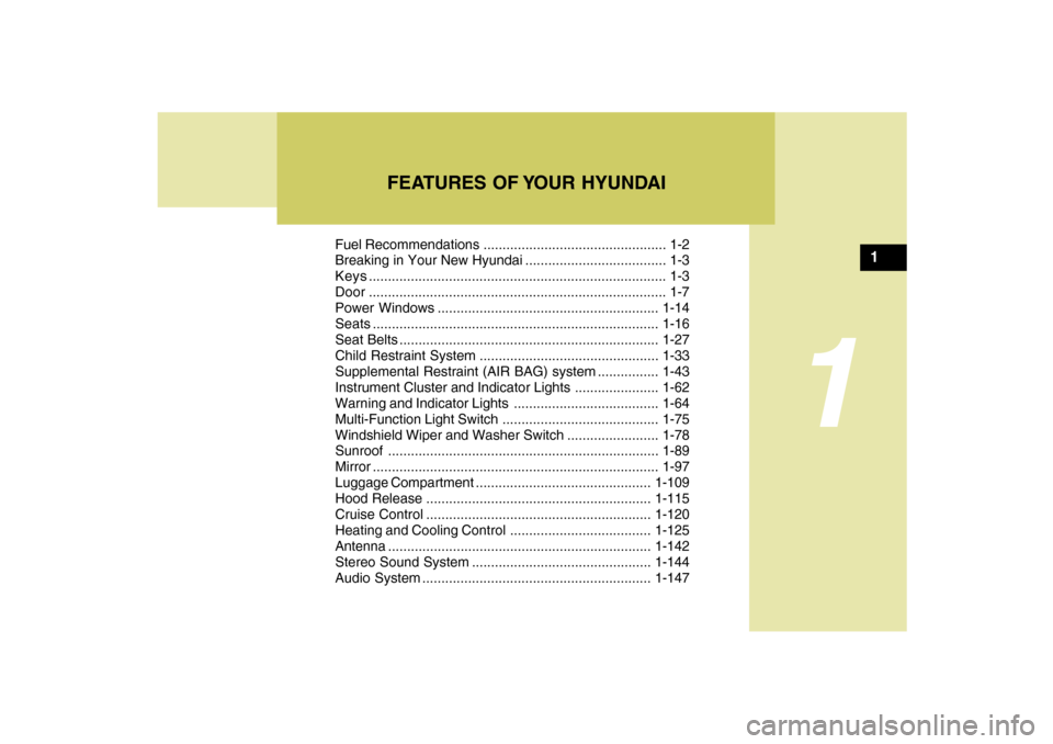 Hyundai Santa Fe 2009  Owners Manual 1
Fuel Recommendations ................................................ 1-2
Breaking in Your New Hyundai ..................................... 1-3
Keys.................................................