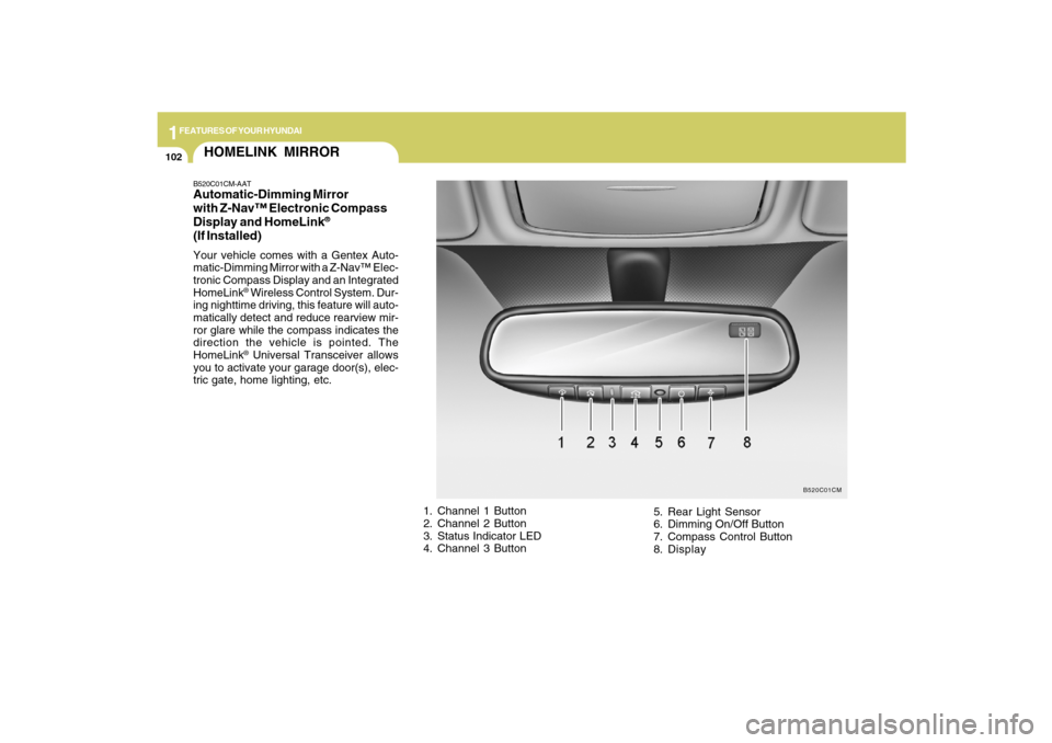 Hyundai Santa Fe 2009 Owners Manual 1FEATURES OF YOUR HYUNDAI
102
HOMELINK MIRRORB520C01CM-AATAutomatic-Dimming Mirror
with Z-Nav™ Electronic Compass
Display and HomeLink
®
(If Installed)Your vehicle comes with a Gentex Auto-
matic-D Hyundai Santa Fe 2009 Owners Manual 1FEATURES OF YOUR HYUNDAI
102
HOMELINK MIRRORB520C01CM-AATAutomatic-Dimming Mirror
with Z-Nav™ Electronic Compass
Display and HomeLink
®
(If Installed)Your vehicle comes with a Gentex Auto-
matic-D