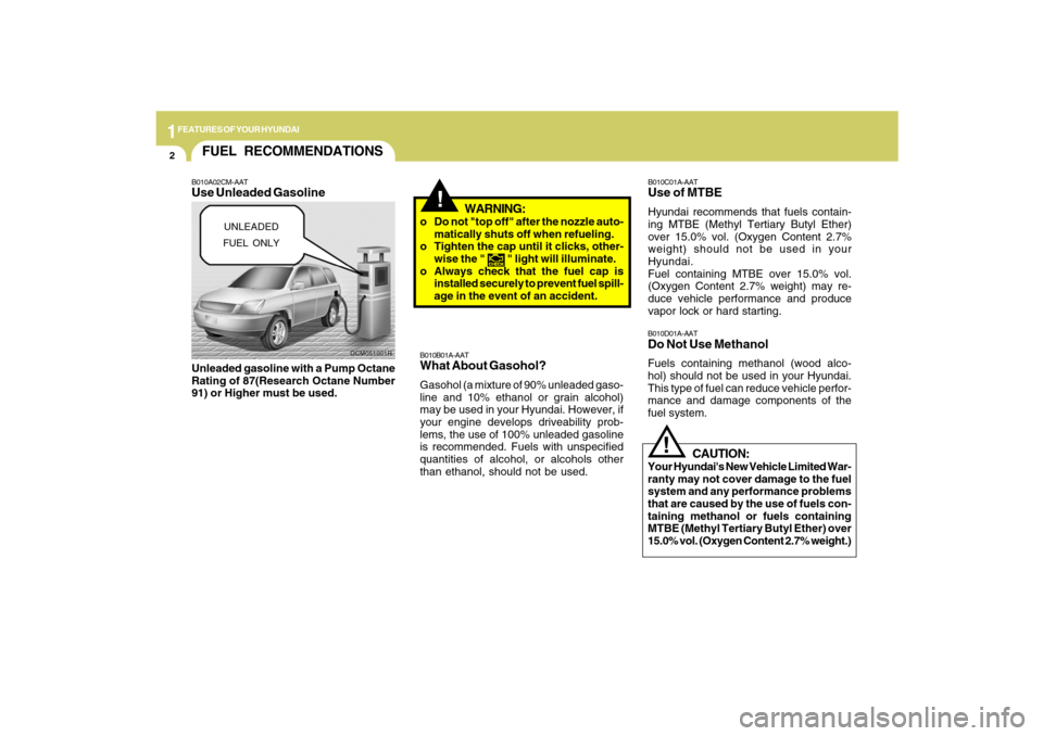 Hyundai Santa Fe 2009  Owners Manual 1FEATURES OF YOUR HYUNDAI2
!
OCM051001R
FUEL RECOMMENDATIONS
CAUTION:
Your Hyundais New Vehicle Limited War-
ranty may not cover damage to the fuel
system and any performance problems
that are caused