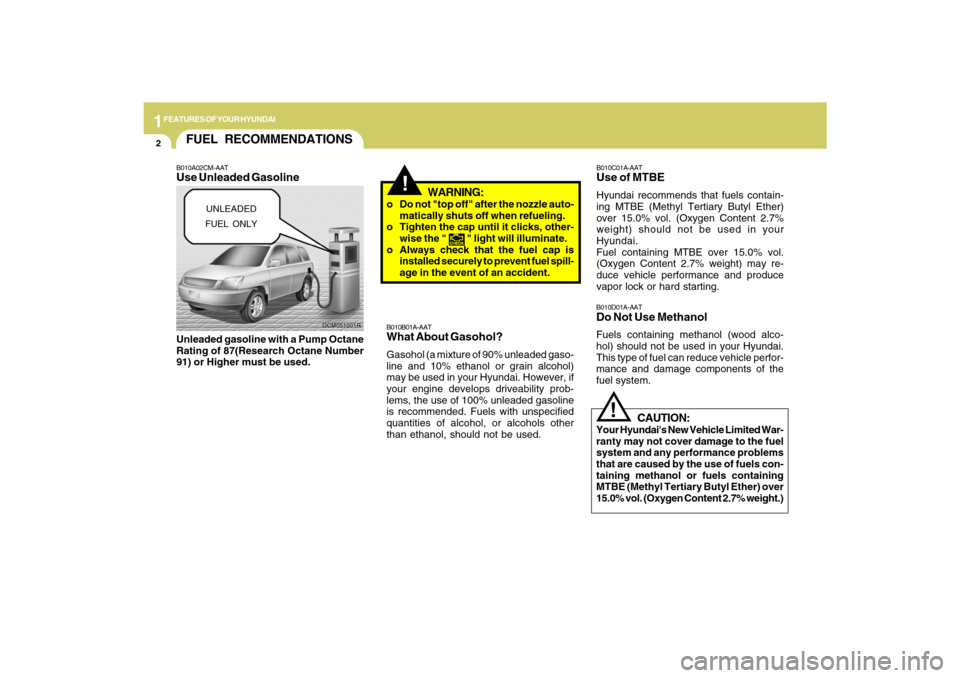 Hyundai Santa Fe 2009 User Guide 1FEATURES OF YOUR HYUNDAI2
!
OCM051001R
FUEL RECOMMENDATIONS
CAUTION:
Your Hyundais New Vehicle Limited War-
ranty may not cover damage to the fuel
system and any performance problems
that are caused Hyundai Santa Fe 2009 User Guide 1FEATURES OF YOUR HYUNDAI2
!
OCM051001R
FUEL RECOMMENDATIONS
CAUTION:
Your Hyundais New Vehicle Limited War-
ranty may not cover damage to the fuel
system and any performance problems
that are caused