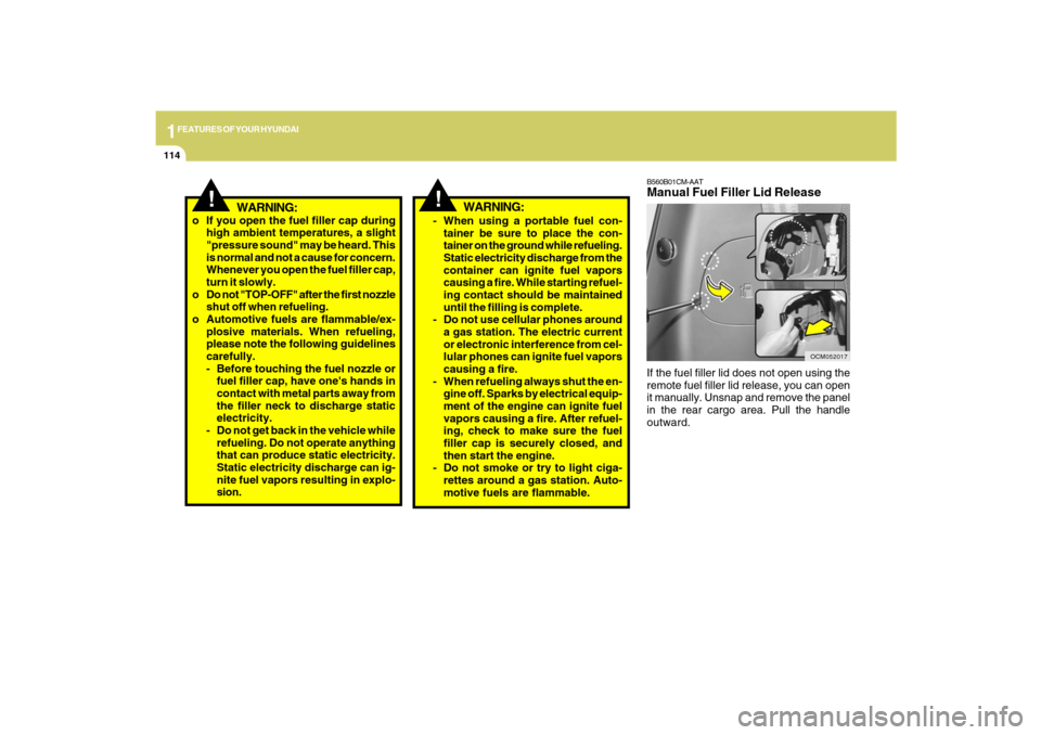 Hyundai Santa Fe 2009  Owners Manual 1FEATURES OF YOUR HYUNDAI
114
B560B01CM-AATManual Fuel Filler Lid ReleaseIf the fuel filler lid does not open using the
remote fuel filler lid release, you can open
it manually. Unsnap and remove the 