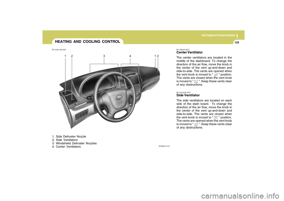 Hyundai Santa Fe 2009 Owners Manual 1
FEATURES OF YOUR HYUNDAI
125
FEATURES OF YOUR HYUNDAI
125125125125
HEATING AND COOLING CONTROLB710A01JM-GAT1. Side Defroster Nozzle
2. Side Ventilators
3. Windshield Defroster Nozzles
4. Center Vent Hyundai Santa Fe 2009 Owners Manual 1
FEATURES OF YOUR HYUNDAI
125
FEATURES OF YOUR HYUNDAI
125125125125
HEATING AND COOLING CONTROLB710A01JM-GAT1. Side Defroster Nozzle
2. Side Ventilators
3. Windshield Defroster Nozzles
4. Center Vent