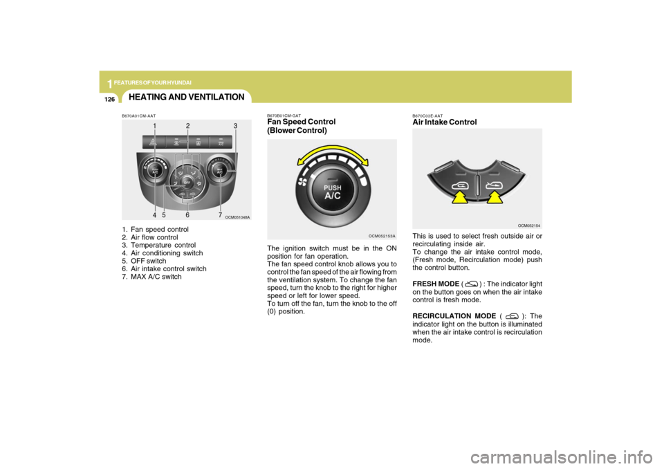 Hyundai Santa Fe 2009 Owners Manual 1FEATURES OF YOUR HYUNDAI
126
B670A01CM-AAT1. Fan speed control
2. Air flow control
3. Temperature control
4. Air conditioning switch
5. OFF switch
6. Air intake control switch
7. MAX A/C switch
OCM05 Hyundai Santa Fe 2009 Owners Manual 1FEATURES OF YOUR HYUNDAI
126
B670A01CM-AAT1. Fan speed control
2. Air flow control
3. Temperature control
4. Air conditioning switch
5. OFF switch
6. Air intake control switch
7. MAX A/C switch
OCM05