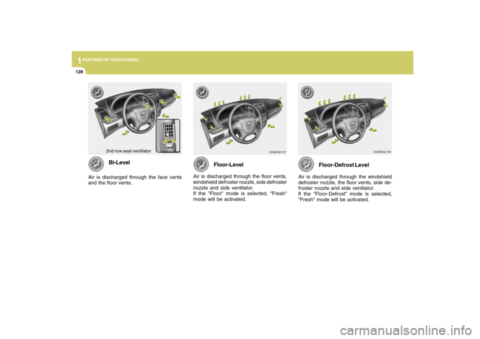 Hyundai Santa Fe 2009 Owners Manual 1FEATURES OF YOUR HYUNDAI
128
OCM052106N
OCM052107
Bi-Level
Air is discharged through the face vents
and the floor vents.
Floor-Level
Air is discharged through the floor vents,
windshield defroster no Hyundai Santa Fe 2009 Owners Manual 1FEATURES OF YOUR HYUNDAI
128
OCM052106N
OCM052107
Bi-Level
Air is discharged through the face vents
and the floor vents.
Floor-Level
Air is discharged through the floor vents,
windshield defroster no