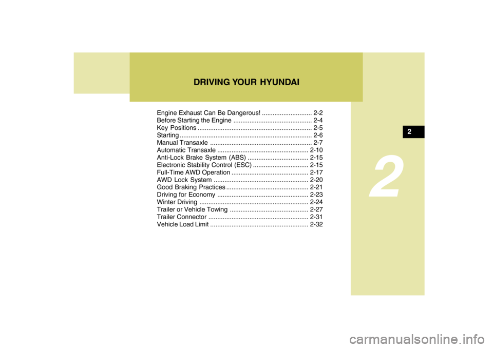 Hyundai Santa Fe 2009  Owners Manual DRIVING YOUR  HYUNDAI
2
Engine Exhaust Can Be Dangerous! ............................ 2-2
Before Starting the Engine ............................................ 2-4
Key Positions ....................