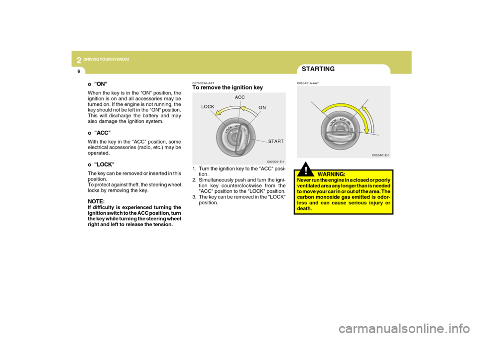 Hyundai Santa Fe 2009  Owners Manual 2
DRIVING YOUR HYUNDAI
6
C070C01E-1
LOCKACC
ON
START
C050A01E-1
STARTING!
C070C01A-AATTo remove the ignition key
C050A01A-AAT
1. Turn the ignition key to the "ACC" posi-
tion.
2. Simultaneously push a