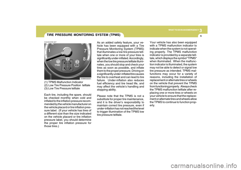 Hyundai Santa Fe 2009  Owners Manual 3
WHAT TO DO IN AN EMERGENCY
5
TIRE PRESSURE MONITORING SYSTEM (TPMS)
OCM053202A C320A02CM-AAT
(1) TPMS Malfunction Indicator
(2) Low Tire Pressure Position  telltale
(3) Low Tire Pressure telltale
Ea