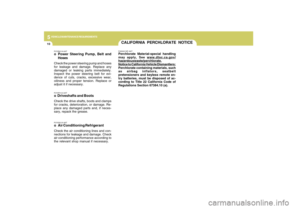 Hyundai Santa Fe 2009  Owners Manual 5
VEHICLE MAINTENANCE REQUIREMENTS
10
F070Q01A-AATo Air Conditioning RefrigerantCheck the air conditioning lines and con-
nections for leakage and damage. Check
air conditioning performance according 