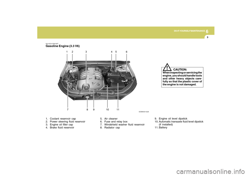 Hyundai Santa Fe 2009  Owners Manual 6
DO-IT-YOURSELF MAINTENANCE
3
G010C01CM-AATGasoline Engine (3.3 V6)
CAUTION:
When inspecting or servicing the
engine, you should handle tools
and other heavy objects care-
fully so that the plastic c