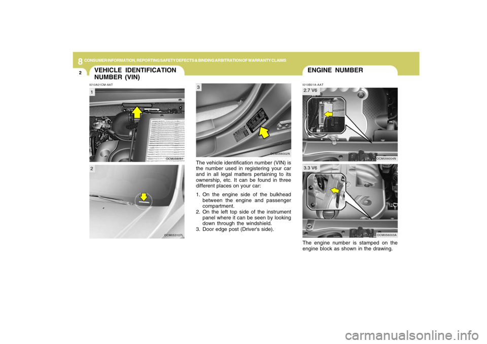 Hyundai Santa Fe 2009  Owners Manual 8
CONSUMER INFORMATION, REPORTING SAFETY DEFECTS & BINDING ARBITRATION OF WARRANTY CLAIMS2
ENGINE NUMBER
VEHICLE IDENTIFICATION
NUMBER (VIN)
I010B01A-AATThe engine number is stamped on the
engine bloc