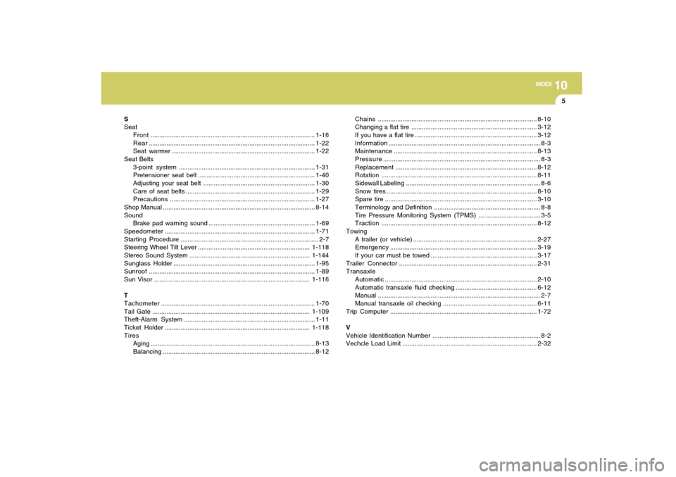 Hyundai Santa Fe 2009  Owners Manual 10
INDEX
5
S
Seat
Front.............................................................................................1-16
Rear...........................................................................