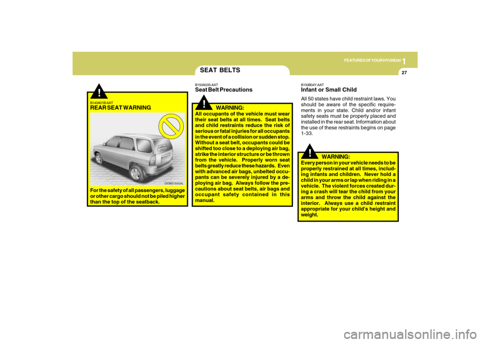 Hyundai Santa Fe 2009 Owners Guide 1
FEATURES OF YOUR HYUNDAI
27
!
B140A01B-AATREAR SEAT WARNINGFor the safety of all passengers, luggage
or other cargo should not be piled higher
than the top of the seatback.
OCM015004L
SEAT BELTS
B15 Hyundai Santa Fe 2009 Owners Guide 1
FEATURES OF YOUR HYUNDAI
27
!
B140A01B-AATREAR SEAT WARNINGFor the safety of all passengers, luggage
or other cargo should not be piled higher
than the top of the seatback.
OCM015004L
SEAT BELTS
B15