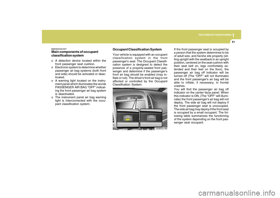 Hyundai Santa Fe 2009  Owners Manual 1
FEATURES OF YOUR HYUNDAI
51
Occupant Classification SystemYour vehicle is equipped with an occupant
classification system in the front
passengers seat. The Occupant Classifi-
cation system is desig