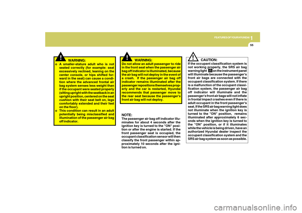 Hyundai Santa Fe 2009  Owners Manual 1
FEATURES OF YOUR HYUNDAI
55
!
NOTE:The passenger air bag off indicator illu-
minates for about 4 seconds after the
ignition key is turned to the "ON" posi-
tion or after the engine is started. If th