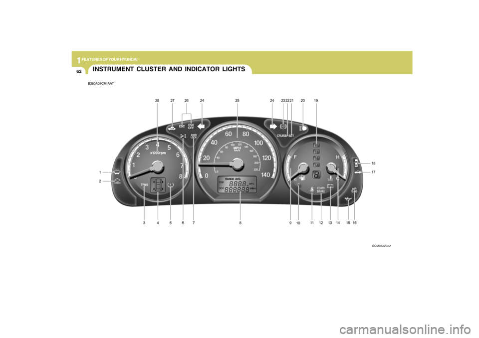 Hyundai Santa Fe 2009  Owners Manual 1FEATURES OF YOUR HYUNDAI62
INSTRUMENT CLUSTER AND INDICATOR LIGHTSB260A01CM-AAT
OCM052202A 