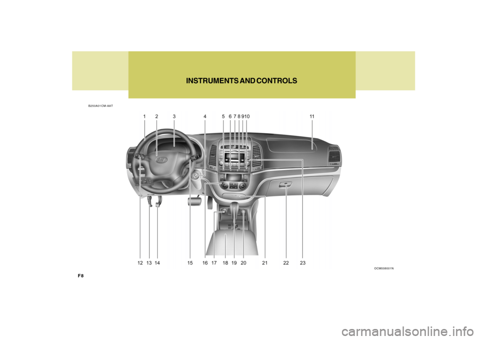 Hyundai Santa Fe 2009  Owners Manual F8
INSTRUMENTS AND CONTROLS
B250A01CM-AAT
OCM008001N 