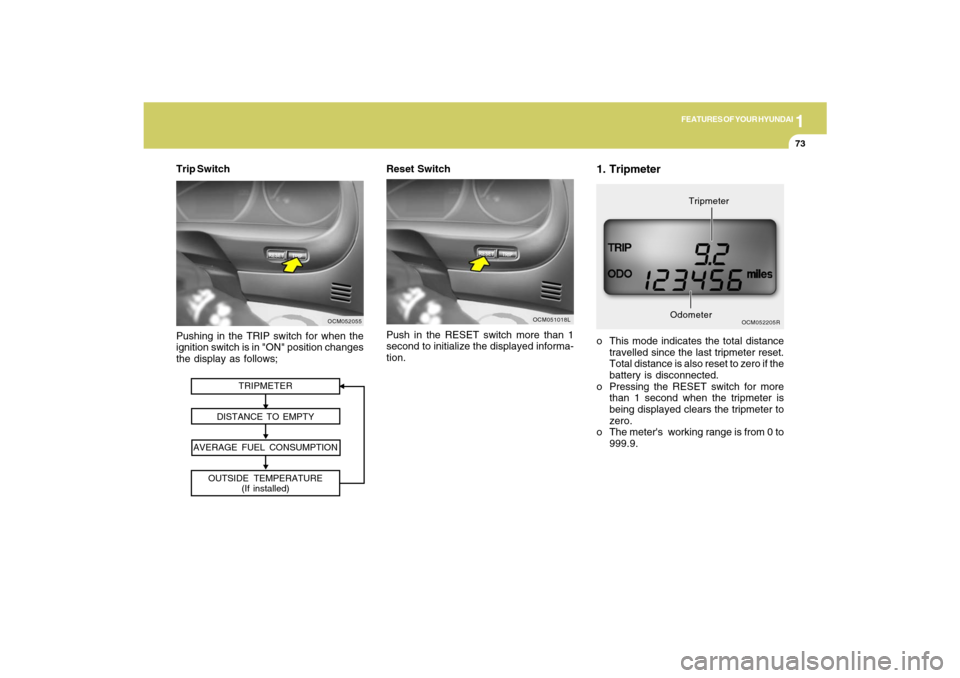 Hyundai Santa Fe 2009 Manual Online 1
FEATURES OF YOUR HYUNDAI
73
Push in the RESET switch more than 1
second to initialize the displayed informa-
tion.
OCM051018L
Reset Switch
TRIPMETER
DISTANCE TO EMPTY
AVERAGE FUEL CONSUMPTION
OUTSID Hyundai Santa Fe 2009 Manual Online 1
FEATURES OF YOUR HYUNDAI
73
Push in the RESET switch more than 1
second to initialize the displayed informa-
tion.
OCM051018L
Reset Switch
TRIPMETER
DISTANCE TO EMPTY
AVERAGE FUEL CONSUMPTION
OUTSID