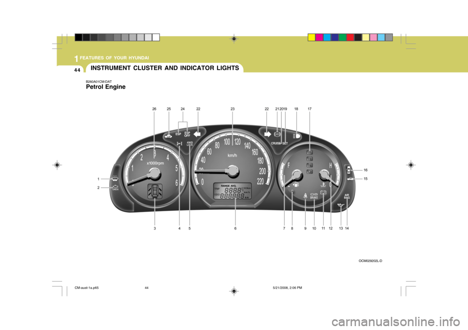 Hyundai Santa Fe 2009  Owners Manual - RHD (UK, Australia) 1FEATURES OF YOUR HYUNDAI
44
B260A01CM-DAT Petrol Engine
OCM029202L-D
INSTRUMENT CLUSTER AND INDICATOR LIGHTS
CM-aust-1a.p65
5/21/2008, 2:06 PM
44  