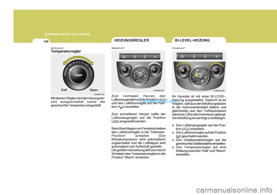 Hyundai Santa Fe 2009  Betriebsanleitung (in German) 1EIGENSCHAFTEN DES HYUNDAI
126
OCM052152
HEIZUNGSREGLER
B690A02S-AST Zum normalen Heizen den Luftansaugregler auf die Position (
)
und den Luftstromregler auf die Posi- tion (
) einstellen.
Zum schnel