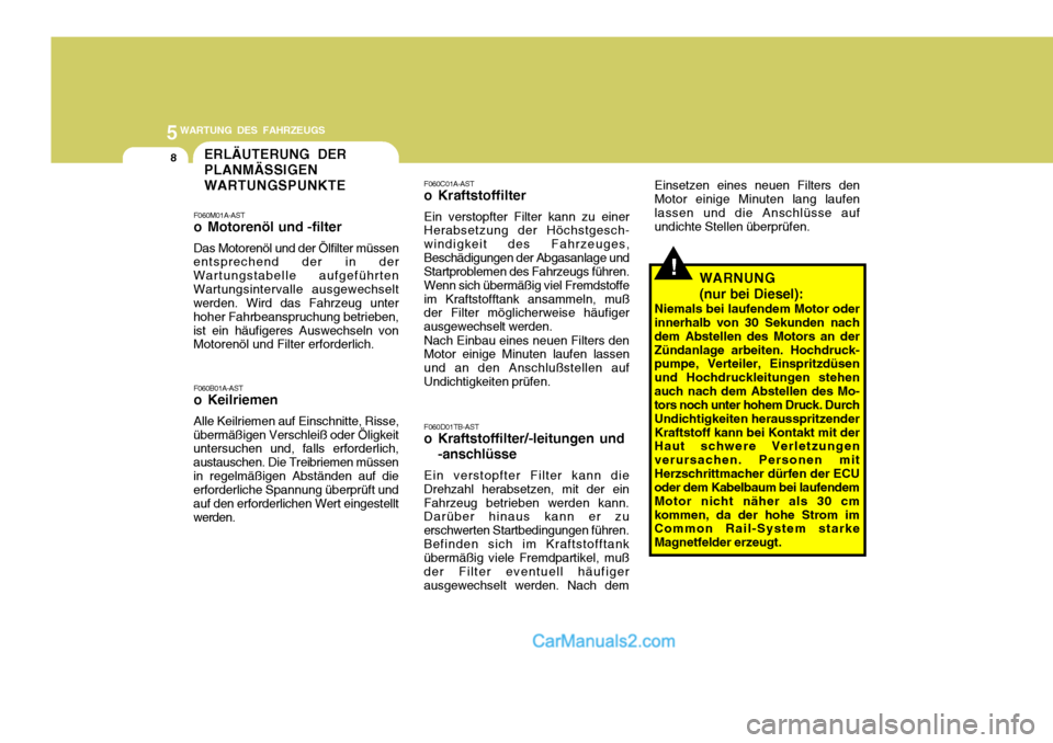 Hyundai Santa Fe 2009  Betriebsanleitung (in German) 5WARTUNG DES FAHRZEUGS
8ERLÄUTERUNG DER PLANMÄSSIGENWARTUNGSPUNKTE
!
F060C01A-AST 
o Kraftstoffilter Ein verstopfter Filter kann zu einer Herabsetzung der Höchstgesch- windigkeit des Fahrzeuges,Bes