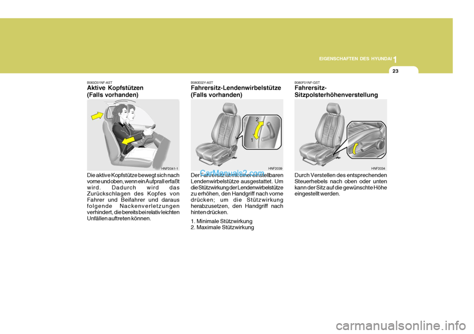 Hyundai Santa Fe 2009  Betriebsanleitung (in German) 1
EIGENSCHAFTEN DES HYUNDAI
23
B080E02Y-AST Fahrersitz-Lendenwirbelstütze (Falls vorhanden)
Der Fahrersitz ist mit einer einstellbaren Lendenwirbelstütze ausgestattet. Umdie Stützwirkung der Lenden