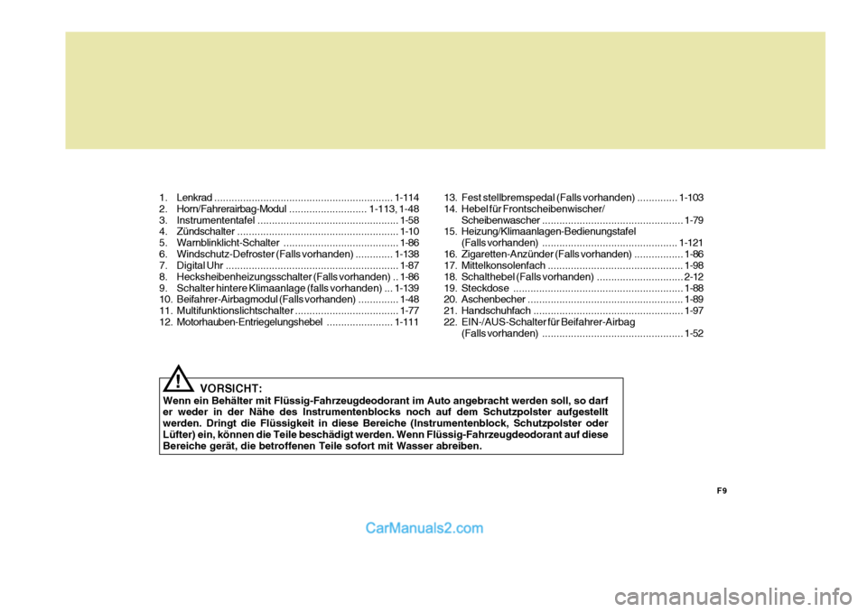 Hyundai Santa Fe 2009  Betriebsanleitung (in German) F9
1. Lenkrad
.............................................................. 1-114
2. Horn/Fahrerairbag-Modul ...........................1-113, 1-48
3. Instrumententafel ..............................