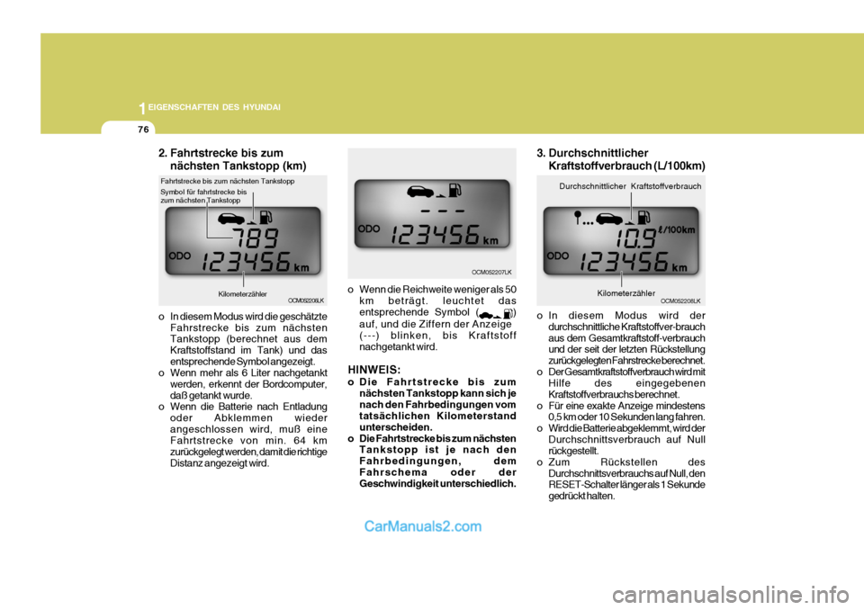 Hyundai Santa Fe 2009  Betriebsanleitung (in German) 1EIGENSCHAFTEN DES HYUNDAI
76
OCM052206LK
o In diesem Modus wird derdurchschnittliche Kraftstoffver-brauch aus dem Gesamtkraftstoff-verbrauch und der seit der letzten Rückstellung zurückgelegten Fah