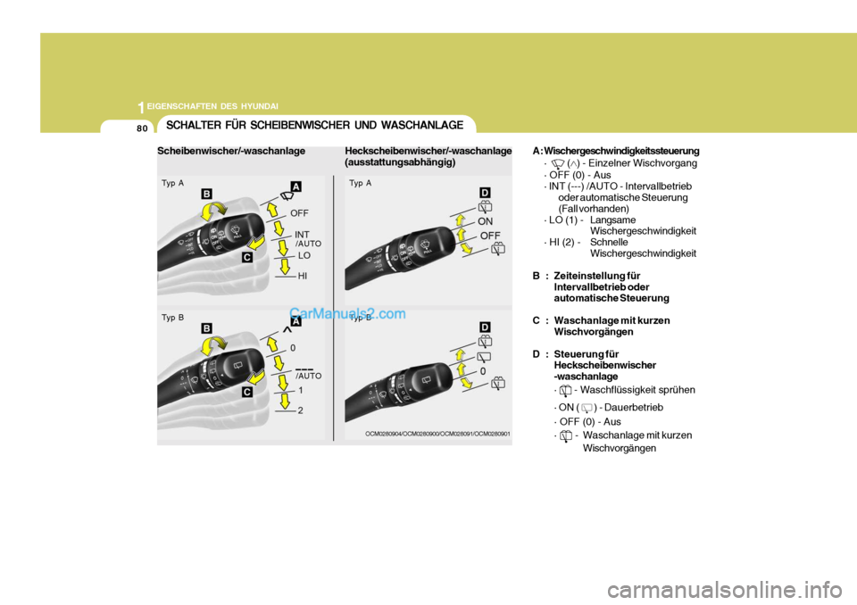 Hyundai Santa Fe 2009  Betriebsanleitung (in German) 1EIGENSCHAFTEN DES HYUNDAI
80SCHALTER FÜR SCHEIBENWI
SCHER UND WASCHANLAGE
Typ A
Typ B
Typ A
OCM0280904/OCM0280900/OCM028091/OCM0280901
Typ B
Scheibenwischer/-waschanlage
Heckscheibenwischer/-waschan