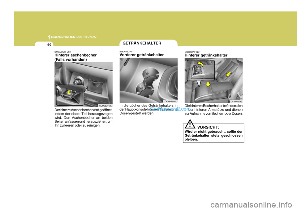 Hyundai Santa Fe 2009 Betriebsanleitung (in German) 1EIGENSCHAFTEN DES HYUNDAI
90
OCM052132
!
VORSICHT:
Wird er nicht gebraucht, sollte der Getränkehalter stets geschlossen blelben.
B450B01NF-GST Hinterer getränkehalter Die hinteren Becherhalter befi Hyundai Santa Fe 2009 Betriebsanleitung (in German) 1EIGENSCHAFTEN DES HYUNDAI
90
OCM052132
!
VORSICHT:
Wird er nicht gebraucht, sollte der Getränkehalter stets geschlossen blelben.
B450B01NF-GST Hinterer getränkehalter Die hinteren Becherhalter befi