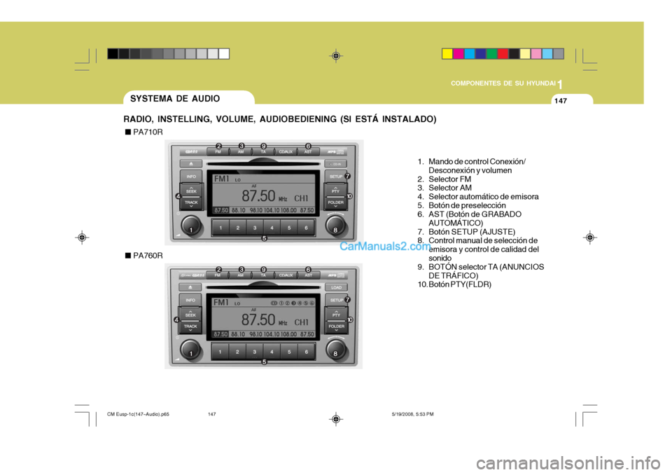Hyundai Santa Fe 2009  Manual del propietario (in Spanish) 1
COMPONENTES DE SU HYUNDAI
147147SYSTEMA DE AUDIO
RADIO, INSTELLING, VOLUME, AUDIOBEDIENING (SI ESTÁ INSTALADO)
1. Mando de control Conexión/Desconexión y volumen
2. Selector FM 
3. Selector AM 
4