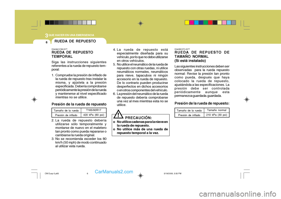 Hyundai Santa Fe 2009  Manual del propietario (in Spanish) 3QUE HACER EN UNA EMERGENCIA
6RUEDA DE REPUESTO
D040B01FC-GYT RUEDA DE REPUESTO DE TAMAÑO NORMAL(Si está instalado) Las siguientes instrucciones deben ser observadas  para la rueda repuesto normal: 