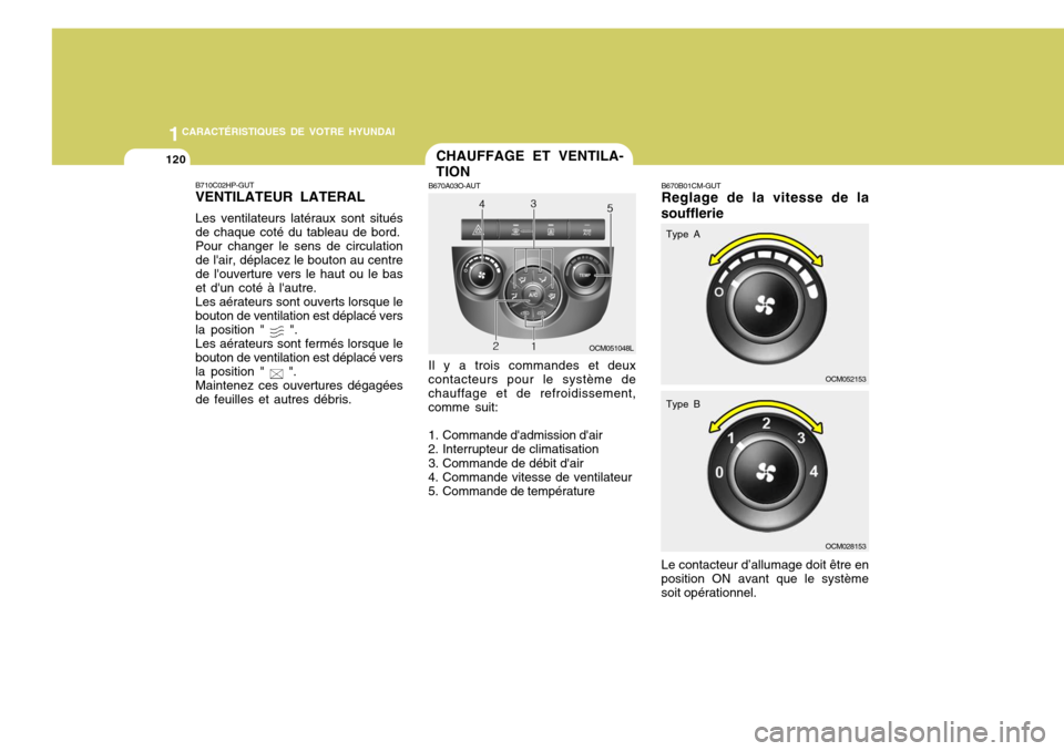 Hyundai Santa Fe 2009 Manuel du propriétaire (in French) 1CARACTÉRISTIQUES DE VOTRE HYUNDAI
120CHAUFFAGE ET VENTILA- TION
B670A03O-AUT Il y a trois commandes et deux
contacteurs pour le système de chauffage et de refroidissement,comme suit:
1. Commande d Hyundai Santa Fe 2009 Manuel du propriétaire (in French) 1CARACTÉRISTIQUES DE VOTRE HYUNDAI
120CHAUFFAGE ET VENTILA- TION
B670A03O-AUT Il y a trois commandes et deux
contacteurs pour le système de chauffage et de refroidissement,comme suit:
1. Commande d