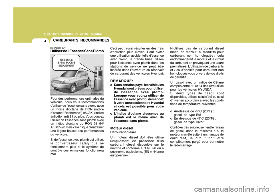 Hyundai Santa Fe 2009  Manuel du propriétaire (in French) 1CARACTÉRISTIQUES DE VOTRE HYUNDAI
4CARBURANTS RECOMMANDES
B010A02CM-GVT Utilisez de lEssence Sans Plomb
Pour des performances optimales duvéhicule, nous vous recommandons dutiliser de lessence s