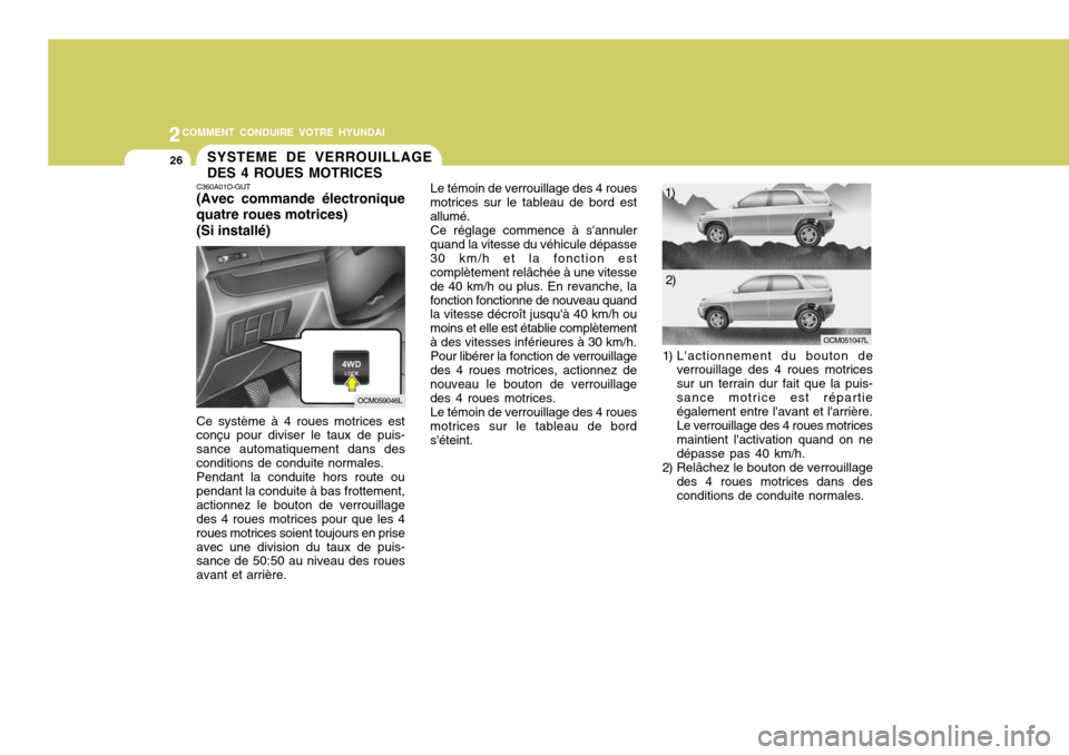 Hyundai Santa Fe 2009 Manuel du propriétaire (in French) 2COMMENT CONDUIRE VOTRE HYUNDAI
26SYSTEME DE VERROUILLAGE DES 4 ROUES MOTRICES
C360A01O-GUT (Avec commande électronique quatre roues motrices) (Si installé) Ce système à 4 roues motrices est conç Hyundai Santa Fe 2009 Manuel du propriétaire (in French) 2COMMENT CONDUIRE VOTRE HYUNDAI
26SYSTEME DE VERROUILLAGE DES 4 ROUES MOTRICES
C360A01O-GUT (Avec commande électronique quatre roues motrices) (Si installé) Ce système à 4 roues motrices est conç