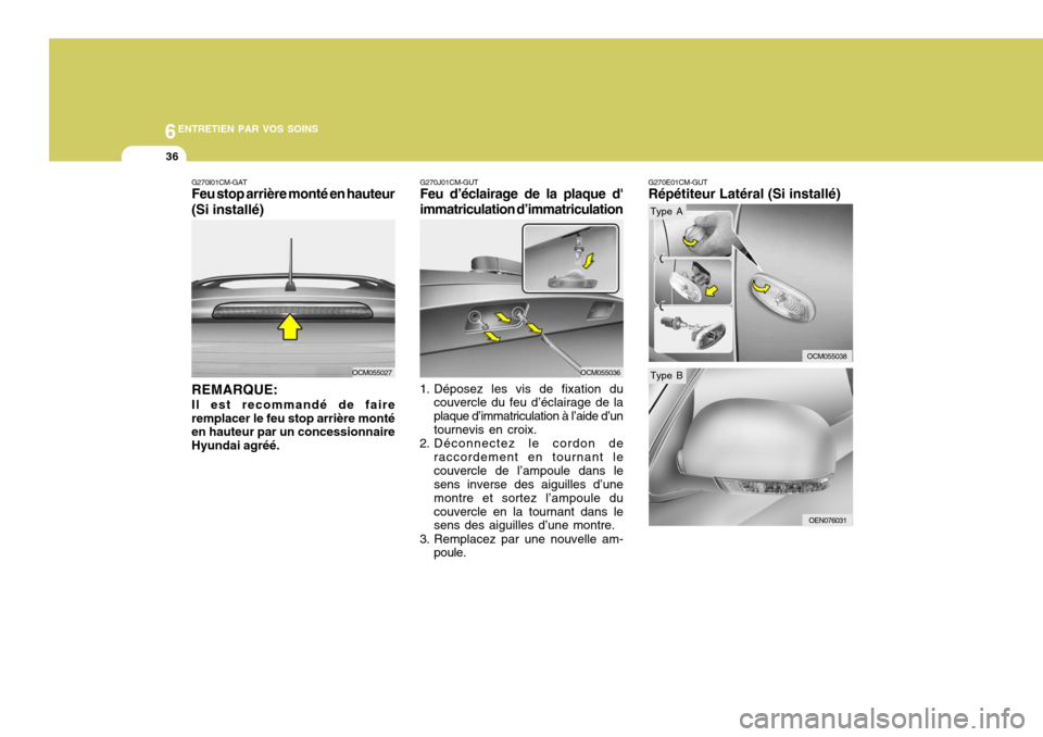 Hyundai Santa Fe 2009 Manuel du propriétaire (in French) 6ENTRETIEN PAR VOS SOINS
36
G270E01CM-GUT Répétiteur Latéral (Si installé)
OCM055038
G270J01CM-GUT Feu d’éclairage de la plaque d immatriculation d’immatriculation
1. Déposez les vis de fix Hyundai Santa Fe 2009 Manuel du propriétaire (in French) 6ENTRETIEN PAR VOS SOINS
36
G270E01CM-GUT Répétiteur Latéral (Si installé)
OCM055038
G270J01CM-GUT Feu d’éclairage de la plaque d immatriculation d’immatriculation
1. Déposez les vis de fix