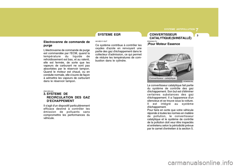 Hyundai Santa Fe 2009 Manuel du propriétaire (in French) 7
SYSTEME ANTIPOLLUTION
3SYSTEME EGR
ZH010D2-AU
3. SYSTEME DE
RECIRCULATION DES GAZ DECHAPPEMENT
Il sagit dun dispositif particulièrement efficace destiné à contrôler lesémission de polluants Hyundai Santa Fe 2009 Manuel du propriétaire (in French) 7
SYSTEME ANTIPOLLUTION
3SYSTEME EGR
ZH010D2-AU
3. SYSTEME DE
RECIRCULATION DES GAZ DECHAPPEMENT
Il sagit dun dispositif particulièrement efficace destiné à contrôler lesémission de polluants