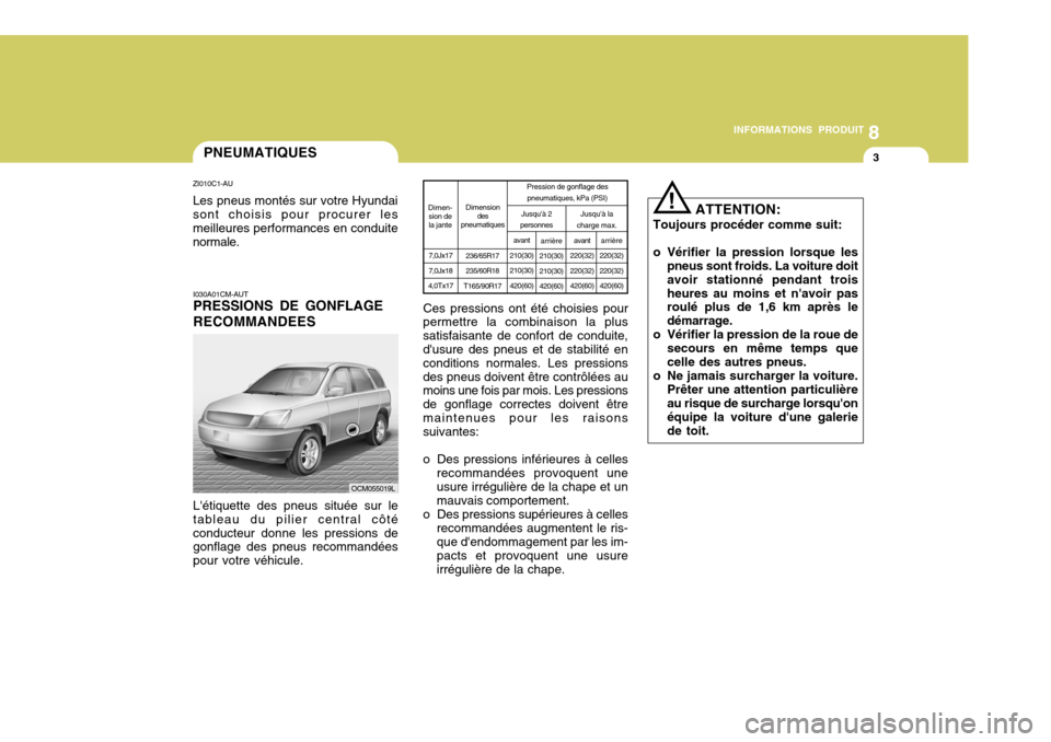 Hyundai Santa Fe 2009 Manuel du propriétaire (in French) 8
INFORMATIONS PRODUIT
3PNEUMATIQUES
I030A01CM-AUT PRESSIONS DE GONFLAGE RECOMMANDEES Létiquette des pneus située sur le tableau du pilier central côtéconducteur donne les pressions de gonflage d Hyundai Santa Fe 2009 Manuel du propriétaire (in French) 8
INFORMATIONS PRODUIT
3PNEUMATIQUES
I030A01CM-AUT PRESSIONS DE GONFLAGE RECOMMANDEES Létiquette des pneus située sur le tableau du pilier central côtéconducteur donne les pressions de gonflage d