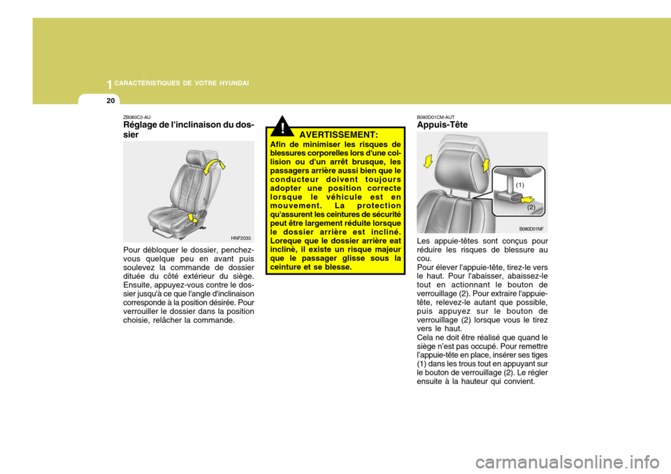 Hyundai Santa Fe 2009  Manuel du propriétaire (in French) 1CARACTÉRISTIQUES DE VOTRE HYUNDAI
20
!
ZB060C2-AU Réglage de linclinaison du dos- sier
AVERTISSEMENT:
Afin de minimiser les risques de blessures corporelles lors dune col- lision ou dun arrêt b